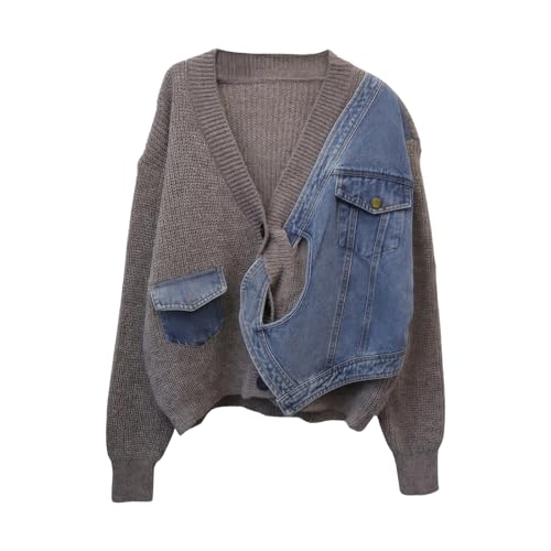 Image of ebossy Womens Spliced Denim Knit Cardigan Trendy Open Front Button Up Oversized Loose Sweater Coat with Pockets