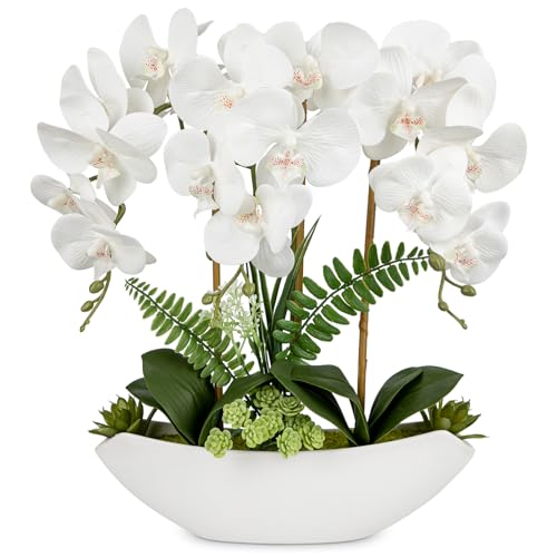 Briful Orchid Artificial Flowers 18in White Fake Orchid Silk Flowers with Ceramic Pot Faux Orchid Arrangement for Home Office Room Coffee Table Centerpiece Modern Decoration