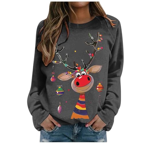 Sweatshirts femme pull imprimé Noël gris manches longues coupe ample taille XL