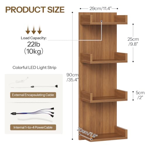 Image of HOOBRO Floating Wall Shelves with LED Lights, Floating Shelf Wall Mounted | Shelf for Storage, Vertical Display Stand, Modern Column Rack, for Bedroom, Livingroom, 4-Tier, 35.4 Inches, Walnut