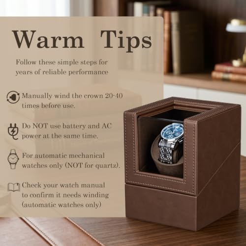 Mcbazel Single Watch Winder, Ultra Quiet Japanese Motor Automatic Watch Winder Box with Adjustable Watch Pillow, Premium Watch Winder for Automatic Watches (AC/ Battery Powered) - Brown with PU Leather by Mcbazel - Used condition - Image 7