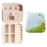 Butterfly Spring Garden Jewelry Organizer with Mirror Double Layer Travel Jewelry Case Portable Travel Jewelry Box Gift for Women for Stud Earrings, Rings, Necklaces, Bracelets