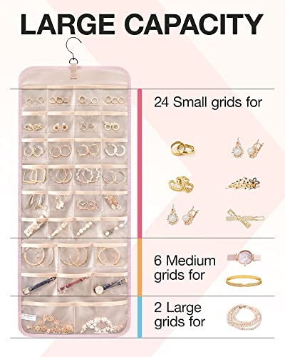 Image of BAGSMART Hanging Jewelry Organizer Necklace /Earring /Ring 2-Sided L Pink