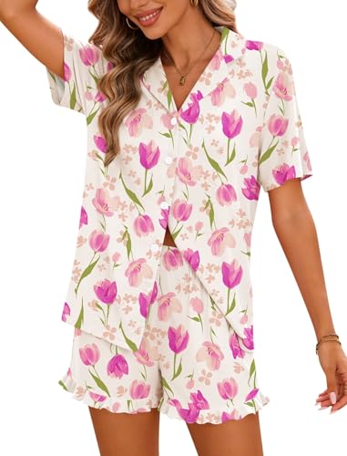 Image of SWOMOG Woman Pajama Set Short Sleeve Pjs Set 2Pcs Short Pajamas Button Down Ruffle Hem Sleepwear Soft Modal Loungewear