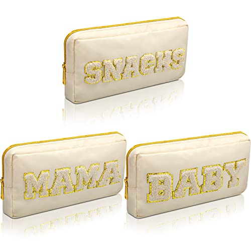 Image of Mama 3 Pcs Preppy Patch Pouch Chenille Letter Bag Zipper Pouch Waterproof Organizer Cosmetic Travel Patches for Girls Kid Storage