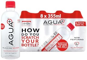 Agua Plus pH9+ Alkaline - 12 fl oz (355mL) Bottles - Enhanced with Pink Mineral Sea Salt for Electrolytes and Minerals - Recycled Plastic and USA Made - 8 Pack