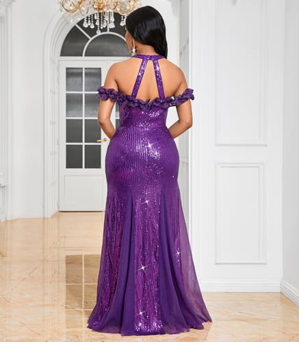 Image of Cololura Women Sexy Sequin Halter Neck Short Sleeve Mesh Perspective Party Bodycon Evening Cocktail Maxi Dress