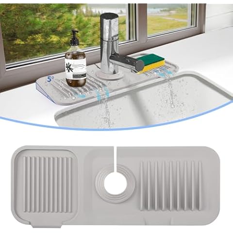 5° Slope Kitchen Silicone Sink Faucet Splash Guard Drain Pad Mat, Kitchen Sink Organizer Gadgets Utensils Decor RV Accessories Protectors, Silicone Draining Mat Sponge Holder for Kitchen Sink Counter Cover