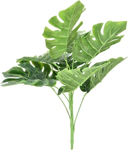Image of Dekorly Plastic Artificial Palm Plants - Faux Turtle Leaf, Fake Monstera Tropical Large Palm Tree Leaves for Outdoor UV Imitation Decorations | 9 Leaves | 15 Inches (Only One Stick, Green)