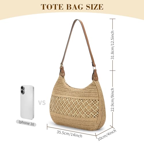 MICOM Shoulder Bag-Straw Tote Bag for Women,Woven Shoulder Bag,Beach Handbag with Adjustable PU Strap,Soft Summer Beach Handbag with Zipper3