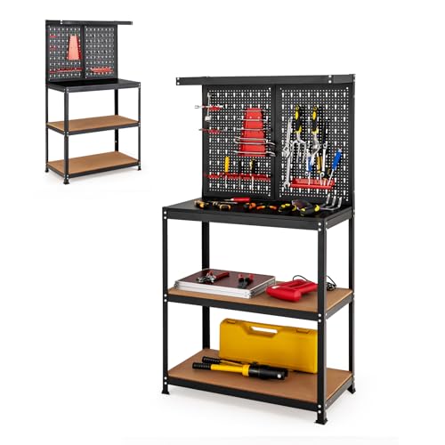 SOARS Werkbank für Garage, 81 x 41 x 156 cm, Werkzeugaufbewahrung aus Metall in 2 perforierten Paneelen, mit Set mit 14 Haken, 2 Regalen, Belastung...
