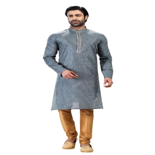 Grey Colour Jacquard Art Silk Thread Work Kurta Pajama 2035-image-49