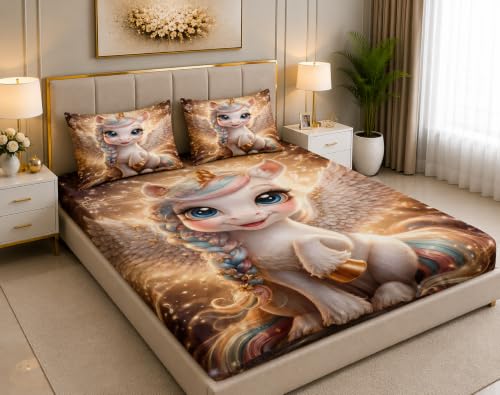 Image of 7D Digital Printed King Size Bedsheet | 240TC Premium Cotton Feel Microfiber with 2 Pillow Covers | Soft Breathable & Wrinkle Free Bedding Set | (Unicorn, King Size-90x100 Inch)