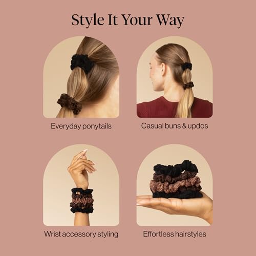 Image of Kitsch Ruched Lace Scrunchies For Women - No Crease, Gentle Hold, Frizz-Free Hair Scrunchies | Soft Lace Hair Accessories for All Hair Types - Black, Chocolate & Mocha, 5pc Set