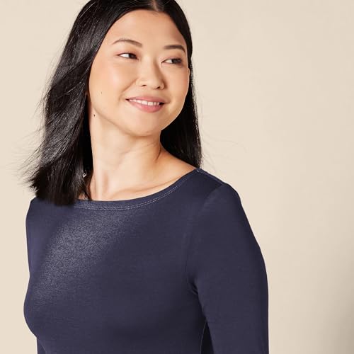 Amazon Essentials Camiseta de Manga 3/4 y Escote Barco de Corte Estrecho Mujer, Azul Marino, L