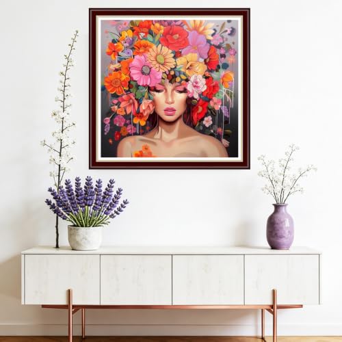 Image of Fanxvivy Stamped Cross Stitch Kits for Beginners Full Range of Cross Stitching Preprinted Embroidery Kits for Adults, 11CT Embroidery Pattern Needlepoint Kits-Abstract Flower Girl 18x18 inchs