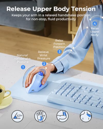 Image of seenda MOU-302 Wireless Bluetooth Ergonomic Vertical Mouse with Volume Knob | Rechargeable 3-device mice for small /medium hands with quiet clicks, 1000 /1600 /2400 DPI for PC, laptop, MacBook, Light Blue
