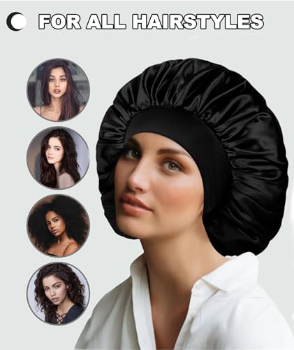 Image of NHCDFA Silk Hair Cap for Sleeping, Silk Bonnet for Hair, High Resilience Satin Hair Cap for Sleeping for Women Girls Black Bonnet Fit for Most Head Sizes