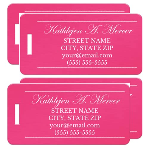 Personalized Luggage Tags, Set of 4 (Mercer Design, Pink) - Metal Luggage Tags with Engraved Name, Unique Travel Bag Tags for Luggage, Can Also Be Suitcase Tags