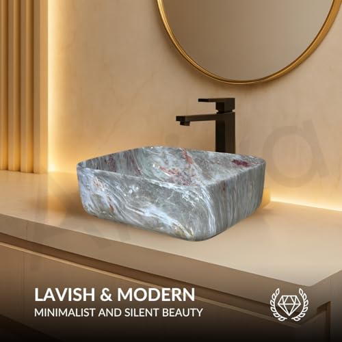Image of Artiva Ceramic Wash Basin /Tabletop Washbasin For Bathroom,12 inchx16 inch /Small Countetop Bathroom Basin /Table Top Basin For Home,Office,Hotel /Rectangle Glossy Sink (Oligrey-Marble,12x16 Inch)