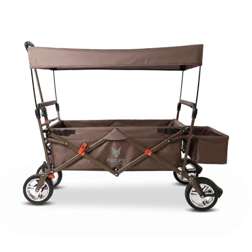 FUXTEC Bollerwagen faltbar FX-CT500 Braun mit Dach - Transportwagen klappbar | inkl. Hecktasche & Verstellbarer Ziehstange | Feststellbremse | Vollprofilreifen | Handwagen/Leiterwagen – Das Original