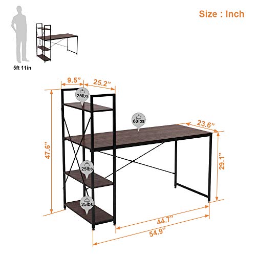 Bestier 55 Inch Computer Desk with Shelves, Modern Writing Desk with Bookshelf, Study Desk Writing Table for Home Office P2 Wood (Brown)