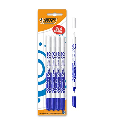 BIC Effaceurs Réécriveurs, Correcteurs, Pour l'Ecole, Au bureau ou à la Maison, Couleur Bleu, Blister de 8+4 (12 Unités)