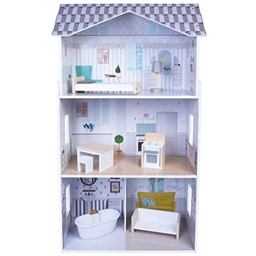 Großes Puppenhaus Traumhaus Set aus Holz mit 8tlg. Zubehör Weiss für Barbie und 29 cm Spielpuppen52x27x95 cm, 3 Etagen – Bild 3