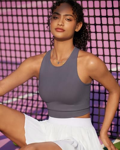 Image of RUNNING GIRL Sports Bras for Women High Impact Seamless Ribbed Longline High Neck Workout Crop Tank Tops(BX3067Dark Grey,L)