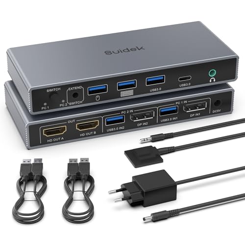 SUIDEK Displayport KVM Switch 2 Monitore 2 Computer, DP In HDMI Out 4K@60Hz KVM-Umschalter mit 4 USB- Ports f&uuml;r 2 DP-Computer teilen sich 2 HDMI-Monitore, inklusive Desktop-Controller und 5V-Netzteil