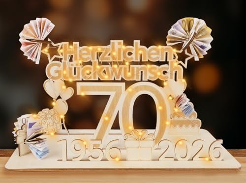 ARTREE 70 Geldgeschenke Geburtstag Frau Mann Holz Schild Gästebuch mit LED Lichterkette Personalisiertes Geschenke zum 70 Geburtstagszahlen 70 Jahre Geburtstag Deko Herzlichen Glückwunsch