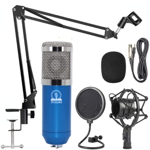 Image of ZHIZUKA BM800 Condenser Microphone Adjustable Boom Arm + Shock Mount + Pop Filter | Recording, Podcast, Streaming, Voice Overs, Singing, YouTube | Mobile, PC, MAC, PS4 | Need additional 48V Phantom Power | 3.5mm Mic - Blue