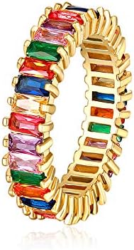 Rainbow Square Baguette Zircon Engagement Ring Colorful Cubic Zirconia Stackable Eternity Band Ring Gold Filled Copper Geometric Thin Line Multicolor Pava CZ Finger Ring for Women Girl Party Jewelry