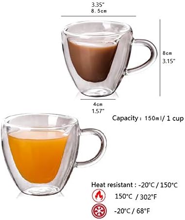 Miniatura 7 de Juego de 2 tazas de café con forma de corazón de vidrio de doble pared aisladas con mango cerrado, resistente al calor, perfecto para mantener tu