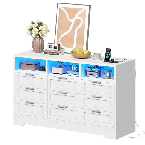 Image of DWVO 9 Drawer Double Dresser with Power Outlet, Modern Chests of Drawers with LED Light, High White Storage Dresser with Charging Station