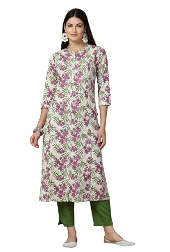 Image of Pistaa's Women's Cotton Regular Fit A Line Floral Print A-Line Regular Kurta