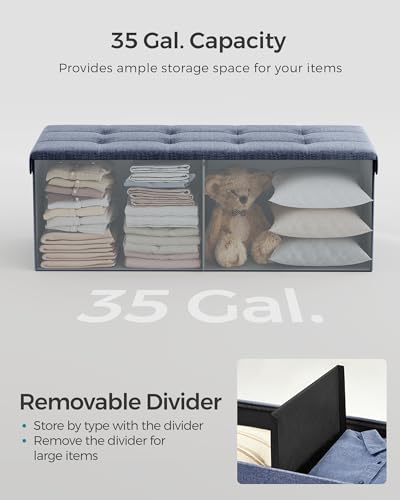 Image of SONGMICS MAZIE Collection - 43 Inches Folding Storage Ottoman Bench, Ottoman Foot Rest, End of Bed Bench, Storage Chest, Load 660 lb, for Living Room, Bedroom, Entryway, Misty Blue ULSF077Q01