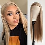 Honigblond Hellbraun Perücke lang glatt Synthetische Lace-Front-Perücke für schwarze Frauen natürlicher Mittelteil Braun 33 x 7.6 cm handgebundene Perücke Cosplay Alltag Perücke (Honigblond