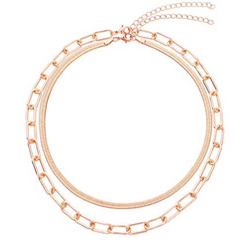 BaubleStar Damen Mehrreihige Kette Rosegold Ankerkette und Fischgrätenmuster Halskette Schlangenkette Klassische Ketten Set aus Edelstahl Titan Schmuck für Frauen Mädchen