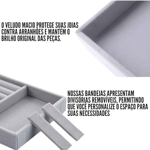 Kit 4 Porta Joias e Bijuterias em Veludo para Organizacao com Divisorias Super Pratico Cor:Cinza