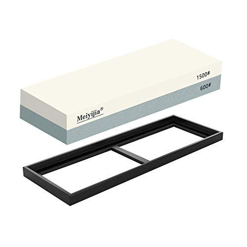Meiyijia Schleifstein Set, 2-IN-1 Abziehstein Schleifstein für Messer, Körnung 600/1500 mit rutschfestem Silikonhalter Cover