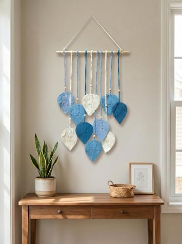 Image of JH Gallery Macrame Leaf Wall Hanging, Boho Theme Home Decor Tapestry with Wooden Beads, Handmade Macrame Wall Decor for Bedroom, Living Room and Balcony. (Blue and White)