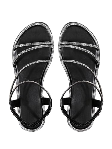 GORGLITTER Women's Rhinestone Flat Sandals Glitter Open Toe Sparkly Summers Dressy Beach 2025 Slides Shoses Black 8