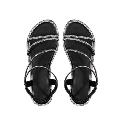 GORGLITTER Sandálias Femininas Com Strass E Glitter, Bico Aberto, Sandália Rasteira Brilho, Pretas, 7,5