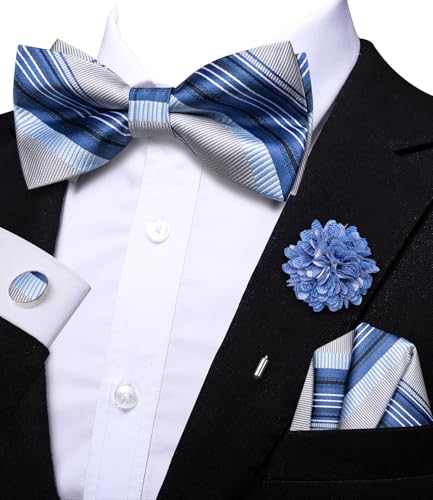 Image of Hi-Tie Bow Ties for Men Pre-Tied Pocket Square with Cufflinks Mens Bowtie Sets for Wedding Formal Party