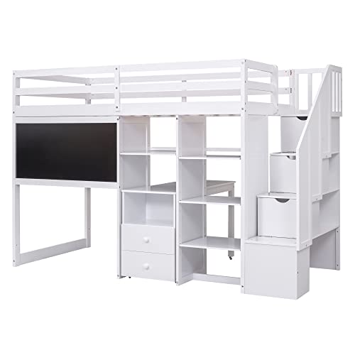 Harper & Bright Designs Twin Size Loft Bed, Wood Twin Loft Bed With Pullable Desk And Storage Shelves, Staircase And Blackboard, Twin Size Loft Bed Frame, White #TOP21