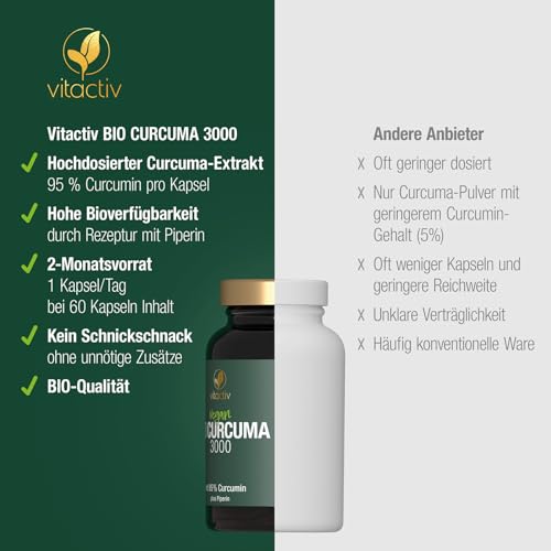 Vitactiv Natural Nutrition Bio Curcuma 3000 - Kurkuma hochdosiert - Curcuma Extrakt mit 95% Curcumin - Piperin für hohe Bioverfügbarkeit - Ohne Magnesiumstearat, Vegan-60 Curcuma Kapseln für 60 Tage