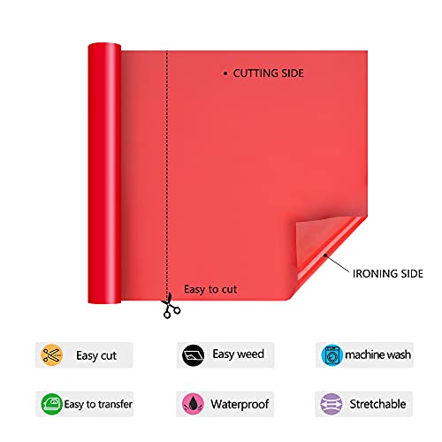 Image of RENLITONG Red Iron on Vinyl - 12Inch by 5ft Roll HTV Heat Transfer Vinyl for T-Shirt HTV Rolls for All Cutter Machine - Easy to Cut & Weed for Heat Transfer Design