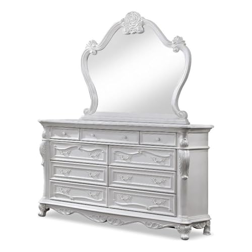 Furniture of America Agatha Traditional Wooden 6 Drawer Dresser with Mirror, Vintage Bedroom Set, Accent Vanity Dressing Table with Stone Top for Dressing Room, Walk-in Closet, White