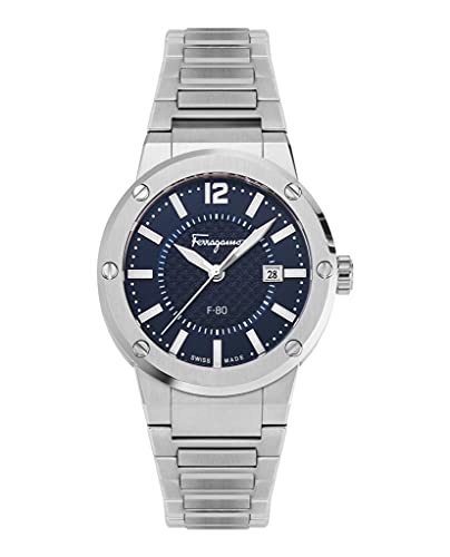 Ferragamo F-80 Collection Luxury Mens Watch Timepieces with a Stainless Steel Bracelet and Case Featuring a Blue Dial